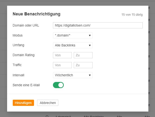 Einstellen eines Alerts bei Ahrefs