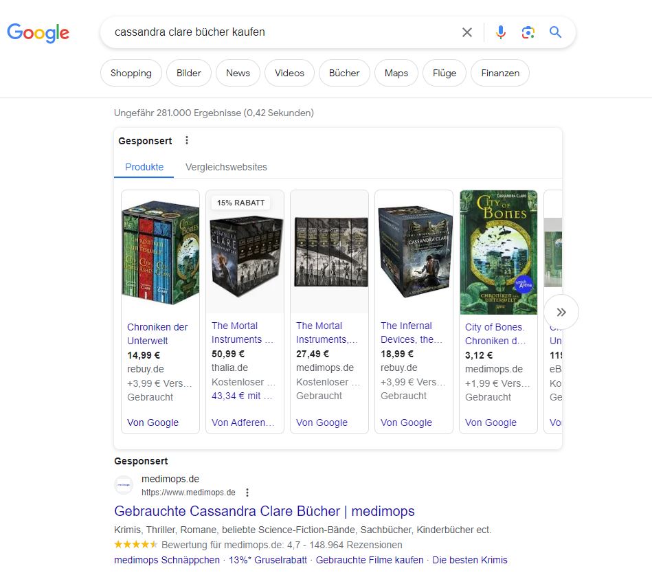 Shopping und Google Ads in den SERPs zu Cassandra Claire